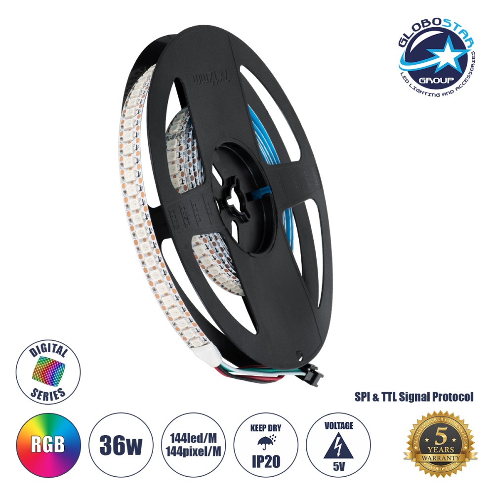 GLOBOSTAR® DIGIPRO 90597 Ψηφιακή Pixel Addressable Ταινία LED 36W/m 2160lm/m 120° DC 5V IP20 144 x SMD5050 Chip/m 144 x Pixel/m Πολύχρωμο RGB Dimmable SPI/TTL Protocol IC WS2812/SK6812 - Sanan SMD Chip - Μ200 x Π1.2 x Υ0.2cm - Ρολό 2 Μέτρων - 5 Χρόνια Εγγ
