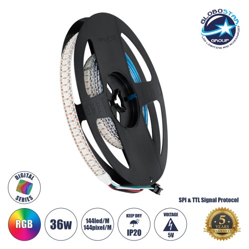 GLOBOSTAR® DIGIPRO 90597 Ψηφιακή Pixel Addressable Ταινία LED 36W/m 2160lm/m 120° DC 5V IP20 144 x SMD5050 Chip/m 144 x Pixel/m Πολύχρωμο RGB Dimmable SPI/TTL Protocol IC WS2812/SK6812 - Sanan SMD Chip - Μ200 x Π1.2 x Υ0.2cm - Ρολό 2 Μέτρων - 5 Χρόνια Εγγ