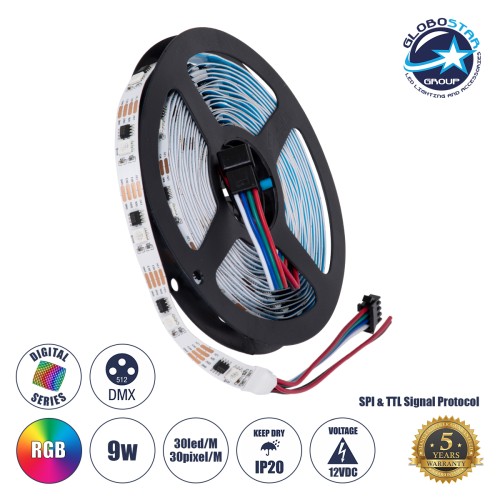GLOBOSTAR® DIGIPRO 90599 Ψηφιακή Pixel Addressable Ταινία LED 9W/m 540lm/m 120° DC 12V IP20 30 x SMD5050 Chip/m 30 x Pixel/m RGB Dimmable SPI/TTL Protocol IC TM1908 - Sanan SMD Chip - Μ500 x Π1 x Υ0.2cm - Ρολό 5 Μέτρων - 5 Χρόνια Εγγύηση
