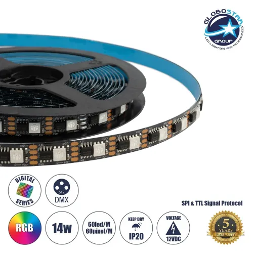 GLOBOSTAR® DIGIPRO 90604 Ψηφιακή Pixel Addressable Ταινία LED 14.4W/m 864lm/m 120° DC 12V IP20 60 x SMD5050 Chip/m 60 x Pixel/m Πολύχρωμο RGB Dimmable SPI/TTL Protocol IC TM1812 - Sanan SMD Chip - Μ500 x Π1 x Υ0.2cm - Ρολό 5 Μέτρων - 5 Χρόνια Εγγύηση