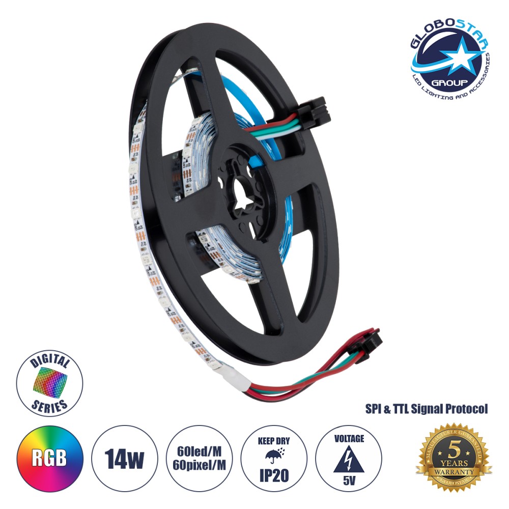 GLOBOSTAR® DIGIPRO 90605 Ψηφιακή Pixel Addressable Ταινία LED 14.4W/m 864lm/m 120° DC 5V IP20 60 x SMD3535 Chip/m 60 x Pixel/m Πολύχρωμο RGB Dimmable SPI/TTL Protocol IC WS2812/SK6812 - Sanan SMD Chip - Μ200 x Π0.4 x Υ0.1cm - Ρολό 2 Μέτρων - 5 Χρόνια Εγγύ