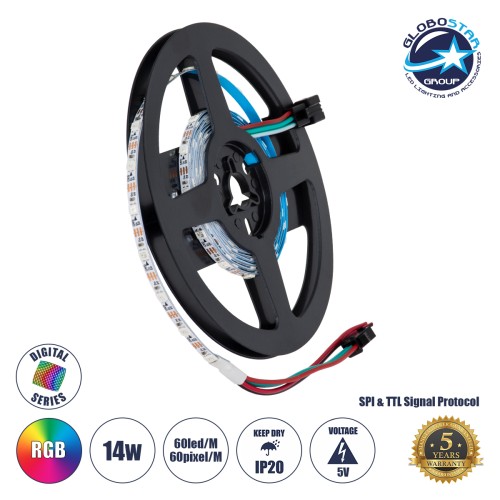GLOBOSTAR® DIGIPRO 90605 Ψηφιακή Pixel Addressable Ταινία LED 14.4W/m 864lm/m 120° DC 5V IP20 60 x SMD3535 Chip/m 60 x Pixel/m Πολύχρωμο RGB Dimmable SPI/TTL Protocol IC WS2812/SK6812 - Sanan SMD Chip - Μ200 x Π0.4 x Υ0.1cm - Ρολό 2 Μέτρων - 5 Χρόνια Εγγύ