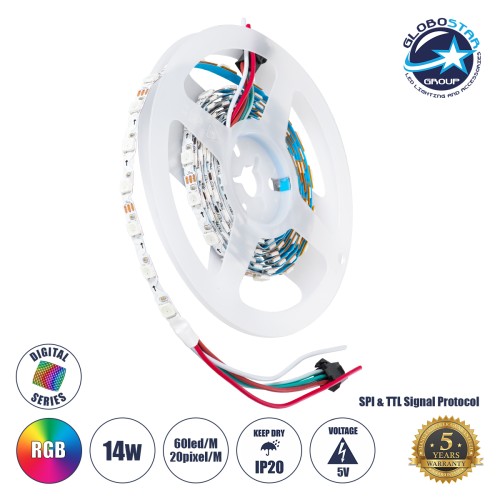 GLOBOSTAR® DIGIPRO 90606 Ψηφιακή Pixel Addressable Ταινία LED 14.4W/m 864lm/m 120° DC 5V IP20 60 x SMD5050 Chip/m 20 x Pixel/m Πολύχρωμο RGB Dimmable SPI/TTL Protocol IC WS2812/SK6812 - Sanan SMD Chip - Μ200 x Π0.6 x Υ0.2cm - Ρολό 2 Μέτρων - 5 Χρόνια Εγγύ