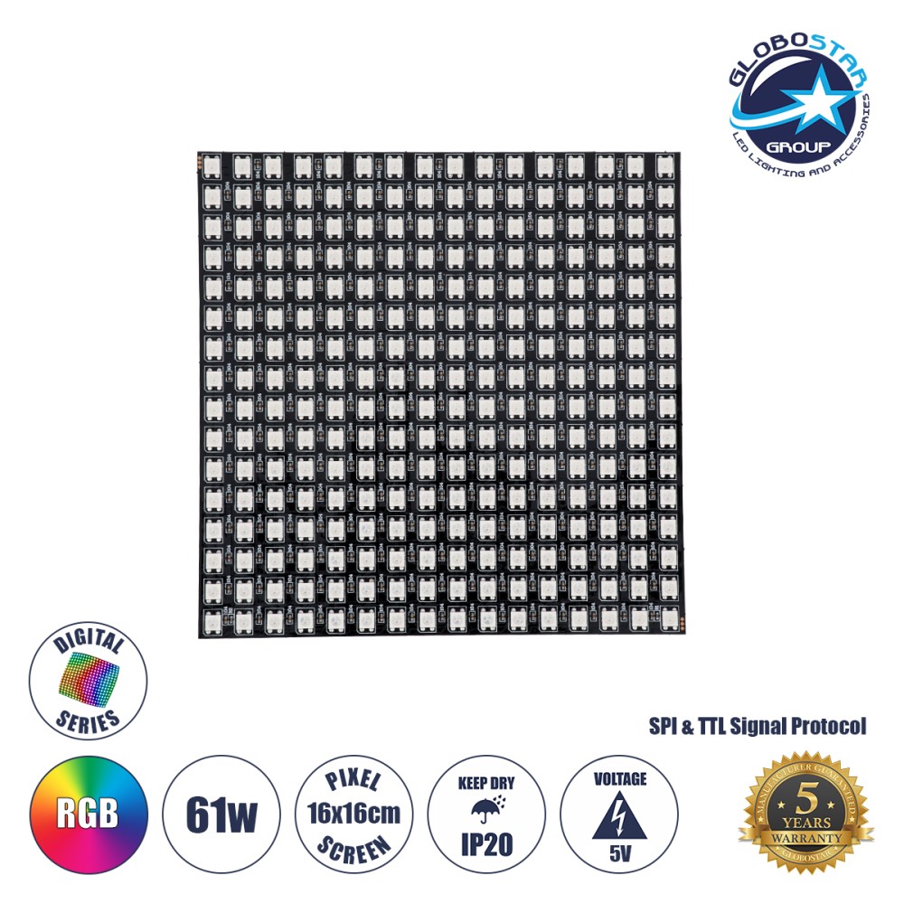 GLOBOSTAR® DIGIPLATE 90608 Ψηφιακή Pixel Addressable Πλακέτα LED 61W 3660lm 120° DC 5V IP20 256 x SMD5050 Chip 256 x Pixel Πολύχρωμο RGB Dimmable SPI/TTL Protocol IC WS2812/SK6812 - Sanan SMD Chip - Μ16 x Π16 x Υ0.2cm - 5 Χρόνια Εγγύηση