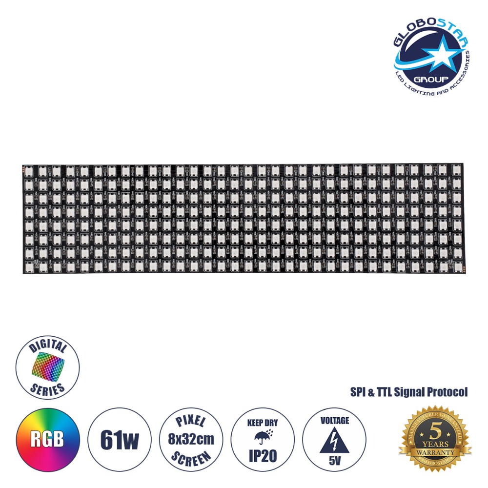 GLOBOSTAR® DIGIPLATE 90609 Ψηφιακή Pixel Addressable Πλακέτα LED 61W 3660lm 120° DC 5V IP20 256 x SMD5050 Chip 256 x Pixel Πολύχρωμο RGB Dimmable SPI/TTL Protocol IC WS2812/SK6812 - Sanan SMD Chip - Μ32 x Π8 x Υ0.2cm - 5 Χρόνια Εγγύηση