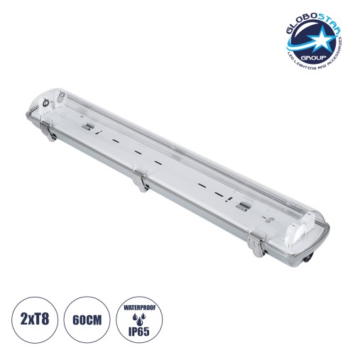 GLOBOSTAR® VIGAS 90611 Γραμμικό Βιομηχανικό Φωτιστικό Σκαφάκι Tri-Proof με Μεταλλικά Clips για 2 x Λάμπες T8 G13 60cm Τύπου Φθορίου LED Τροφοδοσίας Ενός Άκρου 120° AC 220-240V Αδιάβροχο IP65 - Γκρι με Διάφανο Κάλυμμα Πλαστικό PC - Μ66 x Π11.5 x Υ9cm