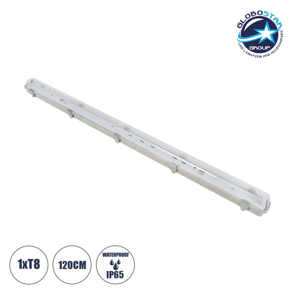 GLOBOSTAR® VIGAS 90612 Γραμμικό Βιομηχανικό Φωτιστικό Σκαφάκι Tri-Proof με Μεταλλικά Clips για 1 x Λάμπα T8 G13 120cm Τύπου Φθορίου LED Τροφοδοσίας Ενός Άκρου 120° AC 220-240V Αδιάβροχο IP65 - Γκρι με Διάφανο Κάλυμμα Πλαστικό PC - Μ126 x Π8 x Υ8.5cm