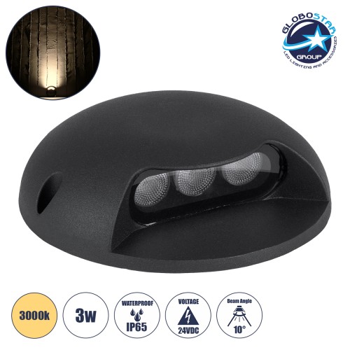 GLOBOSTAR® STEPLUNA 90616 Φωτιστικό Σκαλοπατιού / Διαδρόμου LED 3W 330lm 10° DC 24V Αδιάβροχο IP65 Θερμό Λευκό 2700K Dimmable - Bridgelux SMD Chip - Μαύρο Ματ - Μ12 x Π12 x Υ3cm - 3 Χρόνια Εγγύηση