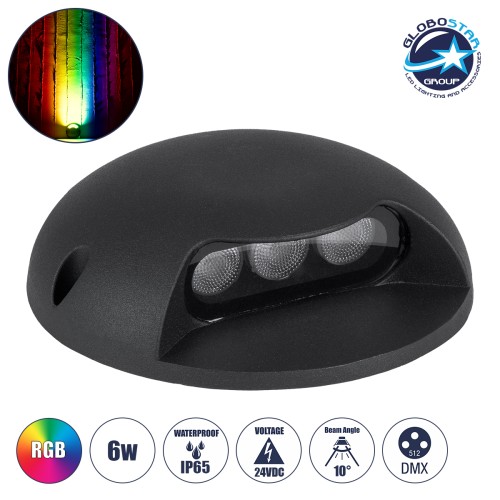 GLOBOSTAR® STEPLUNA 90618 Φωτιστικό Σκαλοπατιού / Διαδρόμου LED 6W 510lm 10° DC 24V Αδιάβροχο IP65 Πολύχρωμο RGB Dimmable DMX512 - Bridgelux SMD Chip - Μαύρο Ματ - Μ12 x Π12 x Υ3cm - 3 Χρόνια Εγγύηση