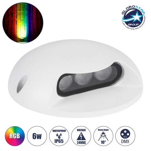 GLOBOSTAR® STEPLUNA 90621 Φωτιστικό Σκαλοπατιού / Διαδρόμου LED 6W 510lm 10° DC 24V Αδιάβροχο IP65 Πολύχρωμο RGB Dimmable DMX512 - Bridgelux SMD Chip - Λευκό Ματ - Μ12 x Π12 x Υ3cm - 3 Χρόνια Εγγύηση