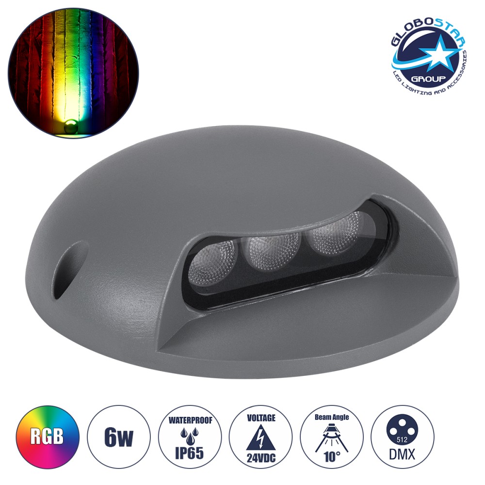 GLOBOSTAR® STEPLUNA 90624 Φωτιστικό Σκαλοπατιού / Διαδρόμου LED 6W 510lm 10° DC 24V Αδιάβροχο IP65 Πολύχρωμο RGB Dimmable DMX512 - Bridgelux SMD Chip - Γκρι Ανθρακί - Μ12 x Π12 x Υ3cm - 3 Χρόνια Εγγύηση