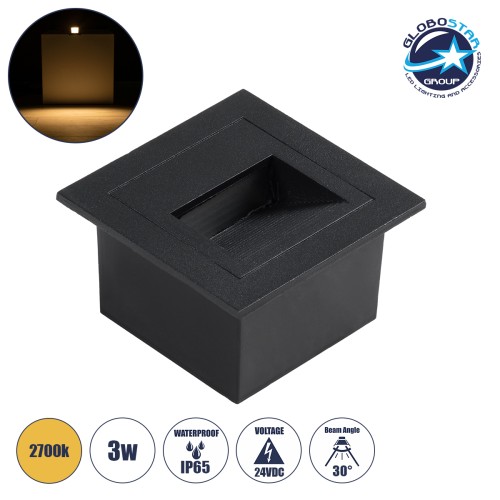 GLOBOSTAR® STEP-MINA 90625 Χωνευτό Αρχιτεκτονικό Φωτιστικό Διαδρόμου/Σκαλοπατιού LED 3W 330lm 30° DC 24V Αδιάβροχο IP65 Θερμό Λευκό 2700K Dimmable - Μαύρο - Μ8.3 x Π8.3 x Υ5cm / Q6.6cm - 3 Χρόνια Εγγύηση