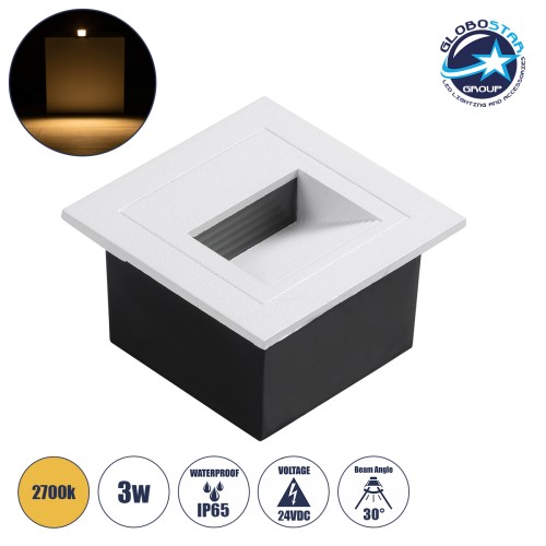 GLOBOSTAR® STEP-MINA 90626 Χωνευτό Αρχιτεκτονικό Φωτιστικό Διαδρόμου/Σκαλοπατιού LED 3W 330lm 30° DC 24V Αδιάβροχο IP65 Θερμό Λευκό 2700K Dimmable - Μαύρο & Λευκό - Μ8.3 x Π8.3 x Υ5cm / Μ6.6 x Π6.6cm - 3 Χρόνια Εγγύηση