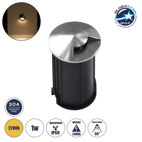GLOBOSTAR® UNDERGROUNDRENA 90660 Χωνευτό Αρχιτεκτονικο Φωτιστικό Σποτ Δαπέδου LED 1W 110lm 30° DC 24V Αδιάβροχο IP68 Θερμό Λευκό 2700K Dimmable - Bridgelux SMD Chip - Ανοξείδωτο Ατσάλι SS304 - Μ5 x Π5 x Υ9cm / Q4.2cm - 3 Χρόνια Εγγύηση