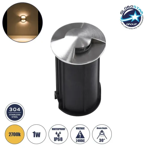 GLOBOSTAR® UNDERGROUNDRENA 90662 Χωνευτό Αρχιτεκτονικο Φωτιστικό Σποτ Δαπέδου LED 1W 110lm 30°+30° DC 24V Αδιάβροχο IP65 Θερμό Λευκό 2700K Dimmable - Bridgelux SMD Chip - Ανοξείδωτο Ατσάλι SS304 - Μ5 x Π5 x Υ9cm / Q4.2cm - 3 Χρόνια Εγγύηση