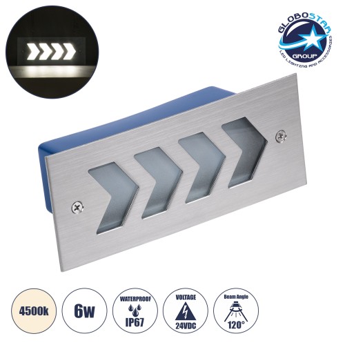 GloboStar® WALLLIGHT-ARINA 90671 Χωνευτό Φωτιστικό Τοίχου LED 6W 690lm 120° DC 24V Αδιάβροχο IP67 Μ17 x Π7 x Υ5.5cm Φυσικό Λευκό 4500K - Ανοξείδωτο Ατσάλι - 3 Years Warranty