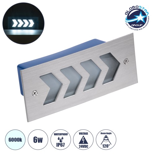 GloboStar® WALLLIGHT-ARINA 90672 Χωνευτό Φωτιστικό Τοίχου LED 6W 720lm 120° DC 24V Αδιάβροχο IP67 Μ17 x Π7 x Υ5.5cm Ψυχρό Λευκό 6000K - Ανοξείδωτο Ατσάλι - 3 Years Warranty