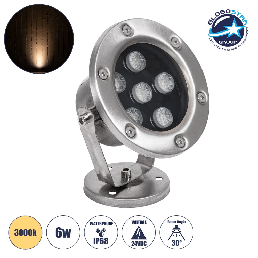 GLOBOSTAR® UNDERWATER-DINA 90676 Υποβρύχιος Προβολέας Σποτ για Σιντριβάνια/Πισίνες LED 6W 660lm 30° DC 24V Αδιάβροχο IP68 Θερμό Λευκό 2700K Dimmable - Ανοξείδωτο Ατσάλι 304 - Μ12 x Π12 x Υ14cm - 3 Χρόνια Εγγύηση