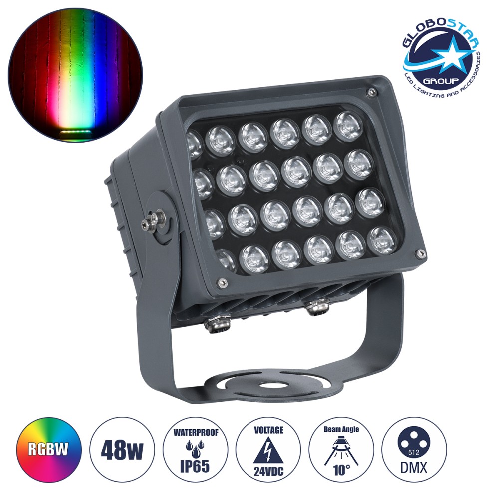 GLOBOSTAR® FLOODXENA 90700 Προβολέας Σποτ Wall Washer με Αντιθαμβωτική Γρίλια LED 48W 4080lm 10° DC 24V Αδιάβροχο IP65 Πολύχρωμο RGBW Dimmable DMX512 - Bridgelux SMD Chip - Γκρι Ανθρακί - Μ17.5 x Π12.5 x Υ18cm - 3 Χρόνια Εγγύηση