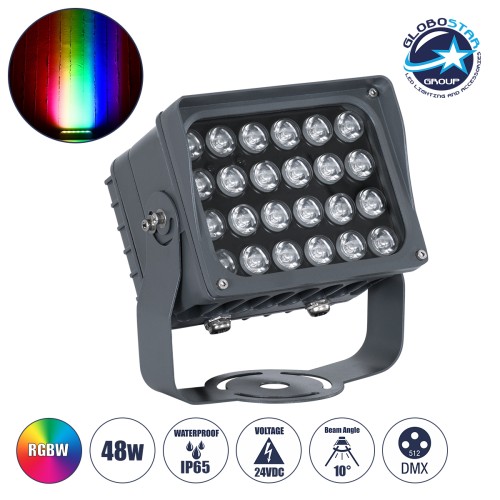 GLOBOSTAR® FLOODXENA 90700 Προβολέας Σποτ Wall Washer με Αντιθαμβωτική Γρίλια LED 48W 4080lm 10° DC 24V Αδιάβροχο IP65 Πολύχρωμο RGBW Dimmable DMX512 - Bridgelux SMD Chip - Γκρι Ανθρακί - Μ17.5 x Π12.5 x Υ18cm - 3 Χρόνια Εγγύηση