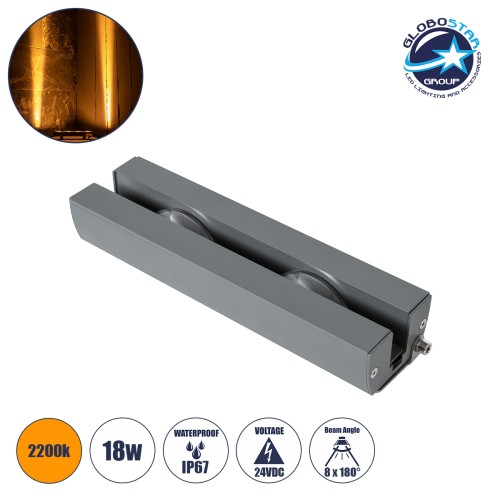 GLOBOSTAR® WINDOWARTE 90718 Φωτιστικό Ανάδειξης Παραθύρων LED 18W 1530lm 8°x180° DC 24V Αδιάβροχο IP67 Ultra Θερμό Λευκό 2200K Dimmable - CREE XPE Chip - Γκρι Ανθρακί - Μ25 x Π7 x Υ4.5cm - 3 Χρόνια Εγγύηση