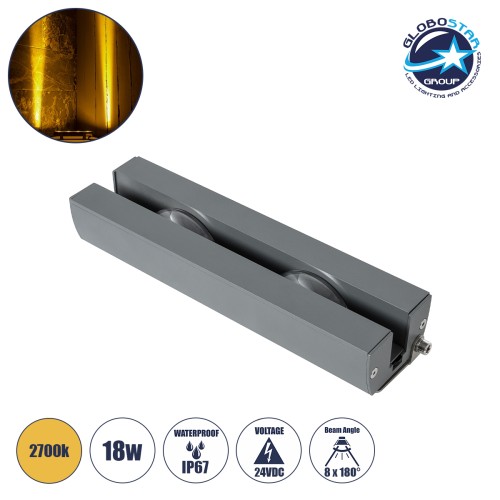 GLOBOSTAR® WINDOWARTE 90719 Φωτιστικό Ανάδειξης Παραθύρων LED 18W 1620lm 8x180° DC 24V Αδιάβροχο IP67 Θερμό Λευκό 2700K Dimmable - CREE XPE Chip - Γκρι Ανθρακί - Μ25 x Π7 x Υ4.5cm - 3 Χρόνια Εγγύηση