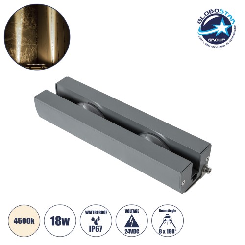 GLOBOSTAR® WINDOWARTE 90720 Φωτιστικό Ανάδειξης Παραθύρων LED 18W 1710lm 8°x180° DC 24V Αδιάβροχο IP67 Φυσικό Λευκό 4500K Dimmable - CREE XPE Chip - Γκρι Ανθρακί - Μ25 x Π7 x Υ4.5cm - 3 Χρόνια Εγγύηση