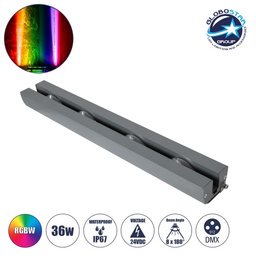 GLOBOSTAR® WINDOWARTE 90725 Φωτιστικό Ανάδειξης Παραθύρων LED 36W 2880lm 8°x180° DC 24V Αδιάβροχο IP67 Πολύχρωμο RGBW Dimmable DMX512 - CREE XPE Chip - Γκρι Ανθρακί - Μ50 x Π7 x Υ4.5cm - 3 Χρόνια Εγγύηση