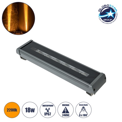 GLOBOSTAR® WINDOWRAFI 90726 Φωτιστικό Ανάδειξης Παραθύρων LED 18W 1530lm 8°x180° DC 24V Αδιάβροχο IP67 Ultra Θερμό Λευκό 2200K Dimmable - CREE XPE Chip - Γκρι Ανθρακί - Μ30.5 x Π6.7 x Υ4.5cm - 3 Χρόνια Εγγύηση