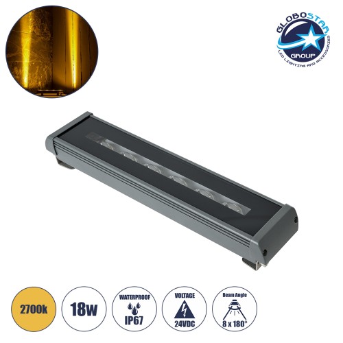 GLOBOSTAR® WINDOWRAFI 90727 Φωτιστικό Ανάδειξης Παραθύρων LED 18W 1620lm 8°x180° DC 24V Αδιάβροχο IP67 Θερμό Λευκό 2700K Dimmable - CREE XPE Chip - Γκρι Ανθρακί - Μ30.5 x Π6.7 x Υ4.5cm - 3 Χρόνια Εγγύηση