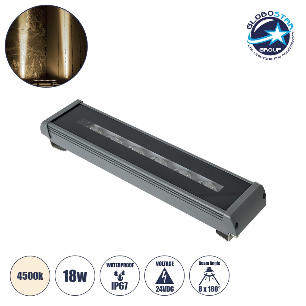GLOBOSTAR® WINDOWRAFI 90728 Φωτιστικό Ανάδειξης Παραθύρων LED 18W 1710lm 8°x180° DC 24V Αδιάβροχο IP67 Φυσικό Λευκό 4500K Dimmable - CREE XPE Chip - Γκρι Ανθρακί - Μ30.5 x Π6.7 x Υ4.5cm - 3 Χρόνια Εγγύηση