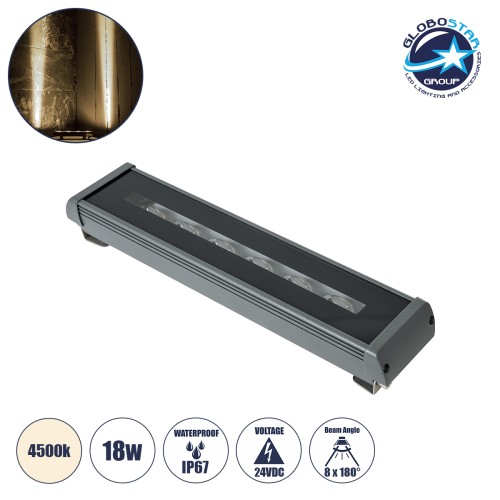 GLOBOSTAR® WINDOWRAFI 90728 Φωτιστικό Ανάδειξης Παραθύρων LED 18W 1710lm 8°x180° DC 24V Αδιάβροχο IP67 Φυσικό Λευκό 4500K Dimmable - CREE XPE Chip - Γκρι Ανθρακί - Μ30.5 x Π6.7 x Υ4.5cm - 3 Χρόνια Εγγύηση