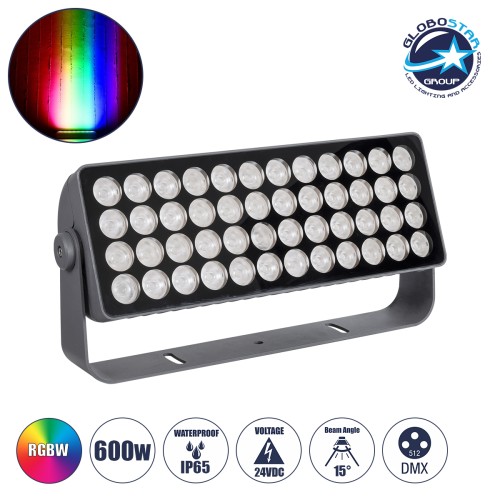 GLOBOSTAR® FLOOD-TURBO 90733 Προβολέας Wall Washer για Φωτισμό Κτιρίων LED 600W 33490lm 15° DC 24V Αδιάβροχο IP65 Μ50 x Π18.5 x Υ12.5cm Πολύχρωμο RGBW DMX512 - Γκρι Ανθρακί - 3 Χρόνι+C626α Εγγύηση