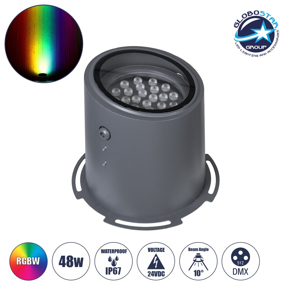 GloboStar® FLOOD-MILO 90742 Κινούμενος Προβολέας - Σποτ Φωτισμού Wall Washer για Φωτισμό Κτιρίων LED 48W 4080lm 10° DC 24V Αδιάβροχο IP67 Φ26 x Υ30cm RGBW DMX512 - Γκρι Ανθρακί - 3 Χρόνια Εγγύηση