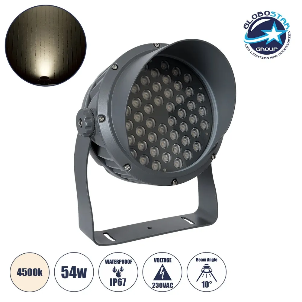 GLOBOSTAR® FLOODIMO 90744 Προβολέας Σποτ Wall Washer με Αντιθαμβωτική Γρίλια LED 54W 5130lm 10° AC 220-240V Αδιάβροχο IP67 Φυσικό Λευκό 4500K - Bridgelux SMD Chip - Γκρι Ανθρακί - Μ26 x Π29 x Υ31cm - 3 Χρόνια Εγγύηση