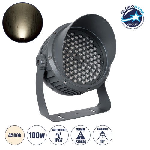 GLOBOSTAR® FLOODIMO 90747 Προβολέας Σποτ Wall Washer με Αντιθαμβωτική Γρίλια LED 100W 9500lm 10° AC 220-240V Αδιάβροχο IP67 Φυσικό Λευκό 4500K - Bridgelux SMD Chip - Γκρι Ανθρακί - Μ34 x Π36 x Υ44cm - 3 Χρόνια Εγγύηση