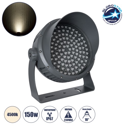 GLOBOSTAR® FLOODIMO 90750 Προβολέας Σποτ Wall Washer με Αντιθαμβωτική Γρίλια LED 150W 14250lm 10° AC 220-240V Αδιάβροχο IP67 Φυσικό Λευκό 4500K - Bridgelux SMD Chip - Γκρι Ανθρακί - Μ43 x Π45 x Υ46cm - 3 Χρόνια Εγγύηση