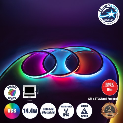 GLOBOSTAR® NEONIO-A 90753 Ψηφιακή Pixel Addressable Ταινία Neon Flex LED 14.4W/m 864lm/m 90° DC 12V Αδιάβροχο IP65 60 x SMD5050 Chip/m 20 x Pixel/m Πολύχρωμο RGB Dimmable SPI/TTL Protocol IC SM16703P/WS2811/WS2812 - Sanan SMD Chip - Μ1000 x Π1.4 x Υ1.4cm 