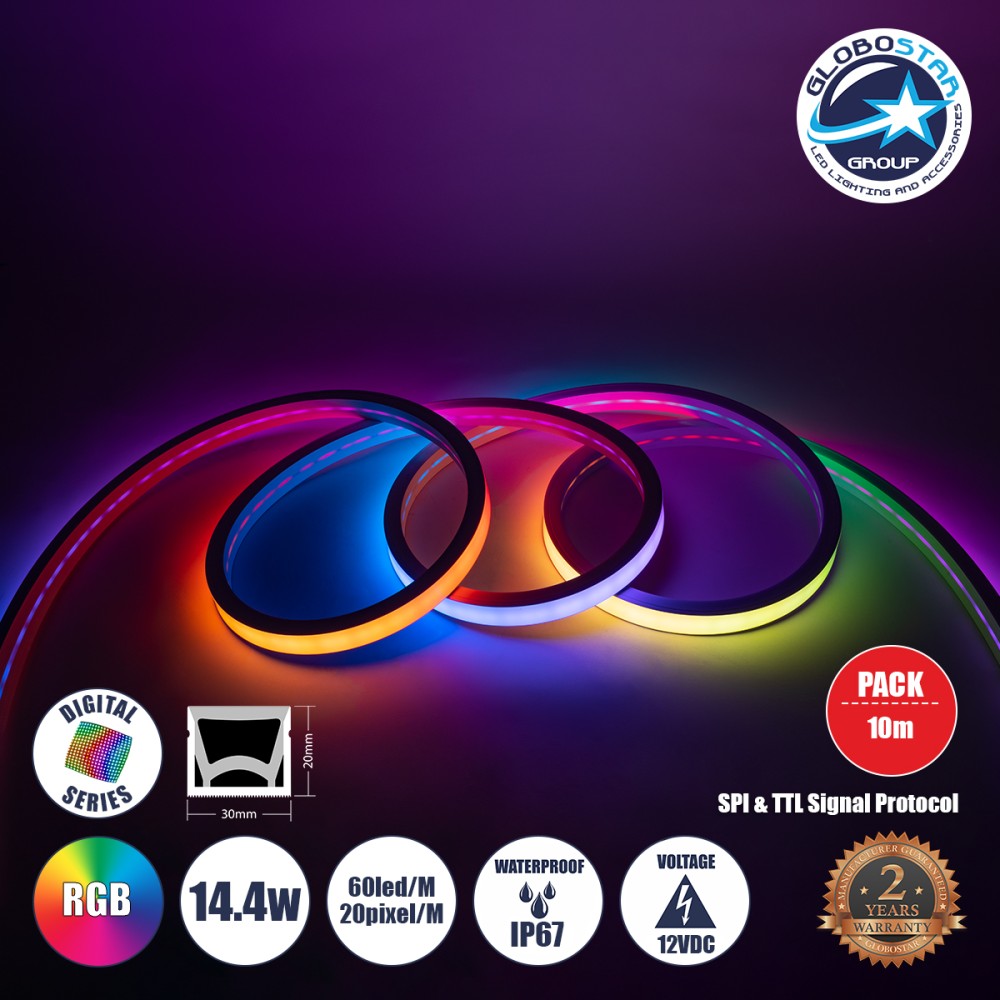 GLOBOSTAR® NEONIO-B 90754 Ψηφιακή Pixel Addressable Ταινία Neon Flex LED 14.4W/m 864lm/m 90° DC 12V Αδιάβροχο IP65 60 x SMD5050 Chip/m 20 x Pixel/m Πολύχρωμο RGB Dimmable SPI/TTL Protocol IC SM16703P/WS2811/WS2812 - Sanan SMD Chip - Μ1000 x Π3 x Υ2cm - Ρο