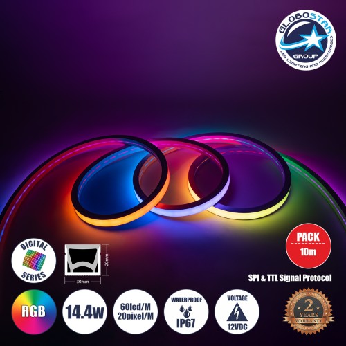 GLOBOSTAR® NEONIO-B 90754 Ψηφιακή Pixel Addressable Ταινία Neon Flex LED 14.4W/m 864lm/m 90° DC 12V Αδιάβροχο IP65 60 x SMD5050 Chip/m 20 x Pixel/m Πολύχρωμο RGB Dimmable SPI/TTL Protocol IC SM16703P/WS2811/WS2812 - Sanan SMD Chip - Μ1000 x Π3 x Υ2cm - Ρο