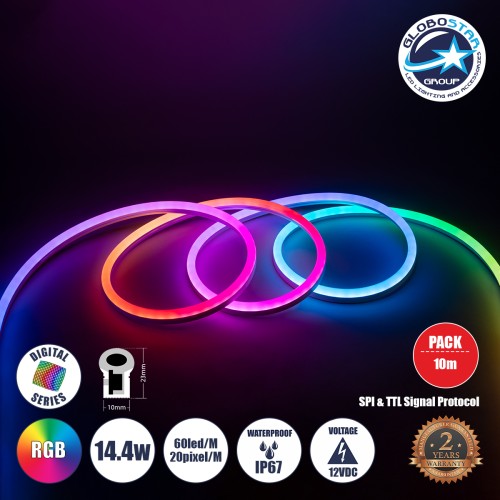 GLOBOSTAR® NEONIO-C 90755 Ψηφιακή Pixel Addressable Ταινία Neon Flex LED 14.4W/m 864lm/m 180° DC 12V Αδιάβροχο IP65 60 x SMD5050 Chip/m 20 x Pixel/m Πολύχρωμο RGB Dimmable SPI/TTL Protocol IC SM16703P/WS2811/WS2812 - Μ1000 x Π1 x Υ2.3cm - Ρολό 10 Μέτρων -
