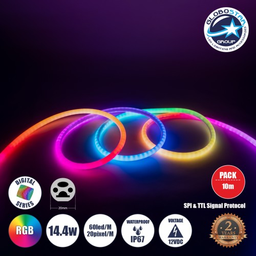 GLOBOSTAR® NEONIO-D 90756 Ψηφιακή Pixel Addressable Ταινία Neon Flex LED 14.4W/m 864lm/m 360° DC 12V Αδιάβροχο IP65 60 x SMD5050 Chip/m 20 x Pixel/m Πολύχρωμο RGB Dimmable SPI/TTL Protocol IC SM16703P/WS2811/WS2812 - Sanan SMD Chip - Μ1000 x Π2 x Υ2cm - Ρ