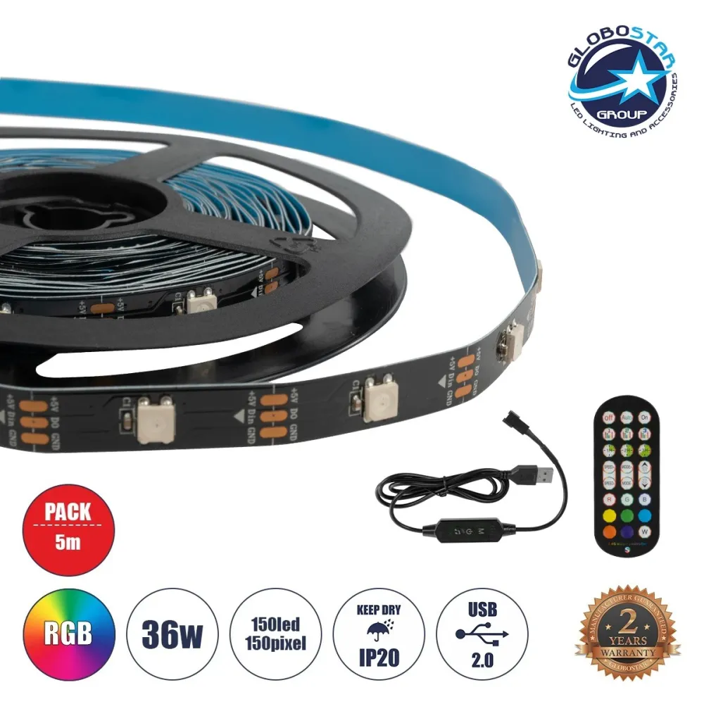 GLOBOSTAR® DIGISTRIP 90757 Σετ Ψηφιακής Pixel Addressable Ταινίας με IR Ασύρματο Χειριστήριο LED 36W 2160lm 120° DC 5V με USB 2.0 IP20 150 x SMD5050 Chip 150 x Pixel Πολύχρωμο RGB Dimmable SPI/TTL Protocol - Sanan SMD Chip - Μ500 x Π1 x Υ0.2cm - Ρολό 5 Μέ