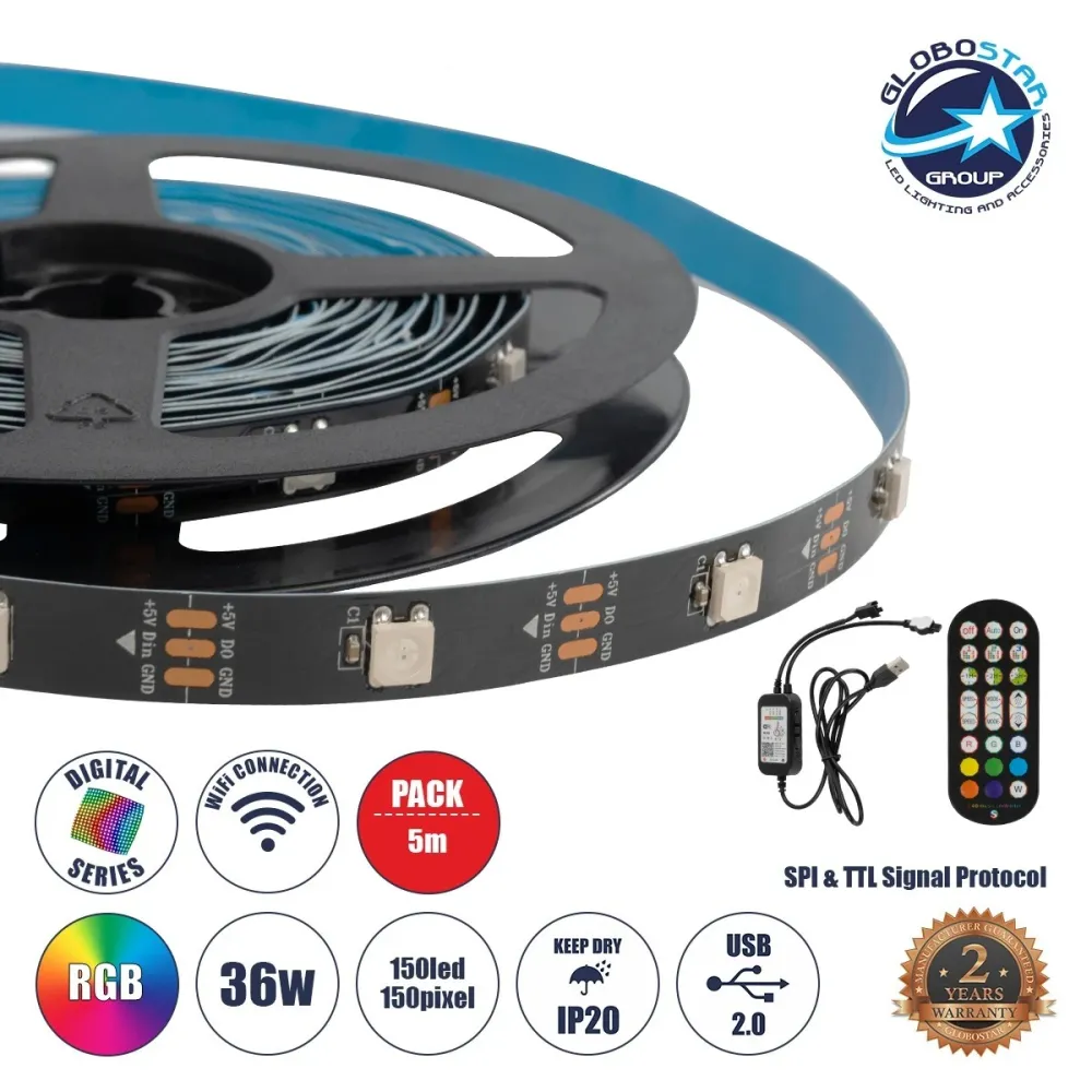 GLOBOSTAR® DIGISTRIP 90758 Σετ Ψηφιακής Pixel Addressable Ταινίας με RF Ασύρματο Χειριστήριο & Λειτουργία μέσω WiFi APP LED 36W/5m 2880lm/5m 120° DC 5V με USB 2.0 IP20 150 x SMD5050 Chip/5m 150 x Pixel/5m Πολύχρωμο RGB Dimmable SPI/TTL Protocol - Sana