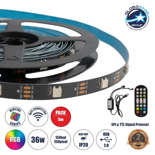 GLOBOSTAR® DIGISTRIP 90758 Σετ Ψηφιακής Pixel Addressable Ταινίας με RF Ασύρματο Χειριστήριο & Λειτουργία μέσω WiFi APP LED 36W/5m 2880lm/5m 120° DC 5V με USB 2.0 IP20 150 x SMD5050 Chip/5m 150 x Pixel/5m Πολύχρωμο RGB Dimmable SPI/TTL Protocol - Sana