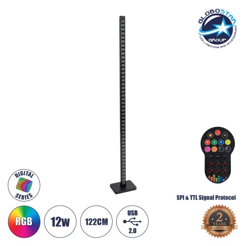 GLOBOSTAR® DIGICOLUMN 90762 Μοντέρνο Επιδαπέδιο Γραμμικό Ψηφιακό Φωτιστικό Digital Pixel Symphony Bar με RF Ασύρματο Χειριστήριο LED 12W 960lm 90° DC 5V με USB 2.0 IP20 Πολύχρωμο RGB Dimmable - Μαύρο - Μ3.4 x Π2.5 x Υ122cm - 2 Χρόνια Εγγύηση