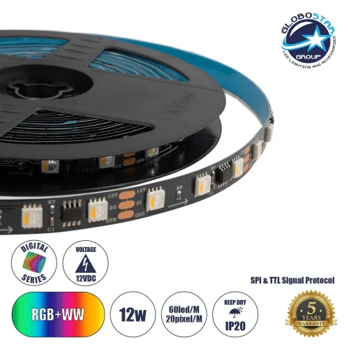 GLOBOSTAR® DIGIPRO 90773 Ψηφιακή Pixel Addressable Ταινία LED 12W/m 1080lm/m 120° DC 12V IP20 60 x SMD5050 Chip/m 20 x Pixel/m Πολύχρωμο RGB+WW Dimmable SPI/TTL Protocol IC TM1814/UCS1912/UCS2912 - Sanan SMD Chip - Μ500 x Π1 x Υ0.2cm - Ρολό 5 Μέτρων - 5 Χ