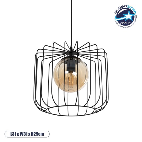 GLOBOSTAR® FLAMIA 201-0099 Vintage Κρεμαστό Φωτιστικό Οροφής με Ντουί 1 x E27 AC 220-240V IP20 - Μαύρο & Μελί - Μ31 x Π31 x Υ29cm