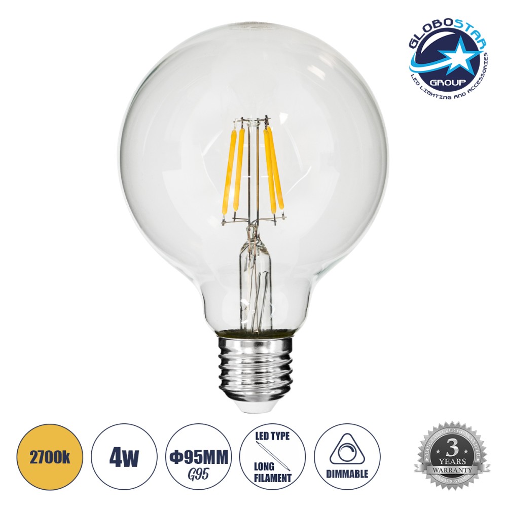 GLOBOSTAR® BUBBLE 99009 Λάμπα E27 G95 LED 4W 400lm 360° AC 220-240V IP20 Θερμό Λευκό 2700K - Long Filament Chip - Διάφανο - Μ9.5 x Π9.5 x Υ13.7cm - 3 Χρόνια Εγγύηση