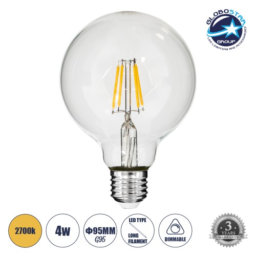 GLOBOSTAR® BUBBLE 99009 Λάμπα E27 G95 LED 4W 400lm 360° AC 220-240V IP20 Θερμό Λευκό 2700K - Long Filament Chip - Διάφανο - Μ9.5 x Π9.5 x Υ13.7cm - 3 Χρόνια Εγγύηση